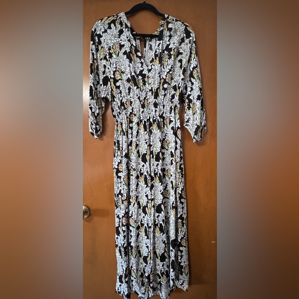 Ava Sky Black and White Floral Jumper with Green and Orange Accents